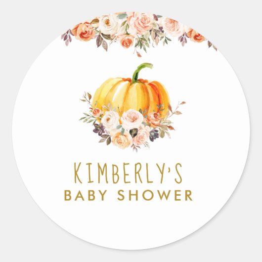 Kleine pompoengoud en baby shower met blozen bloze ronde sticker (Voorkant)