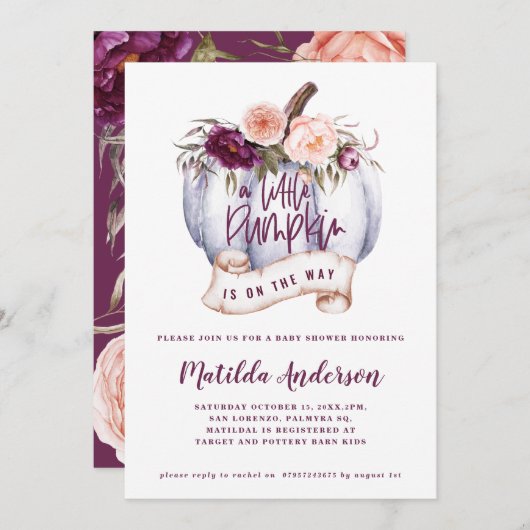 Kleine pompoenherfst baby shower nodigt paars uit (Voorkant / Achterkant)