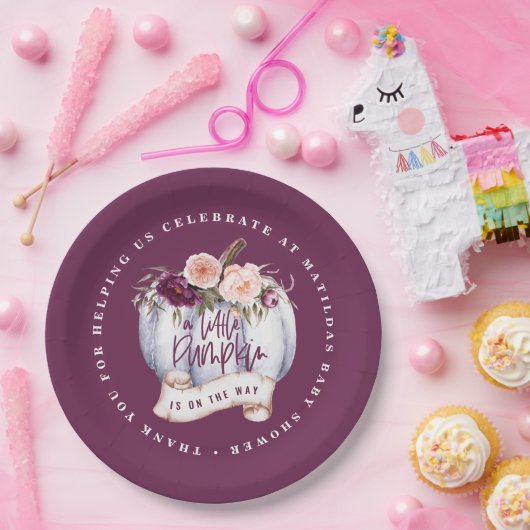 Kleine pompoenherfst baby shower nodigt paars uit papieren bordje (Feest)