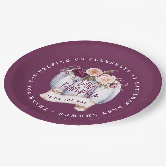 Kleine pompoenherfst baby shower nodigt paars uit papieren bordje (Gekanteld)