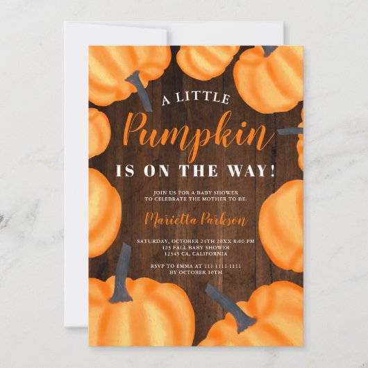 Kleine pompoenhout sinaasappel herfst baby shower kaart (Voorkant)