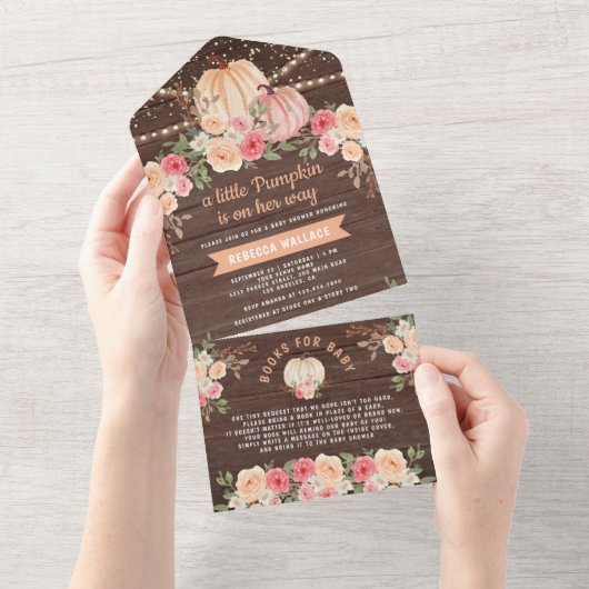 Kleine pompoenroze perzikkleurig Baby shower van h All In One Uitnodiging (Afscheurbaar)