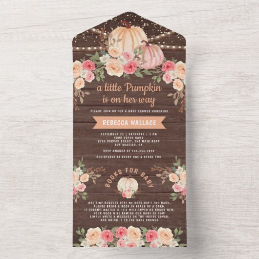 Kleine pompoenroze perzikkleurig Baby shower van h All In One Uitnodiging (Binnen)