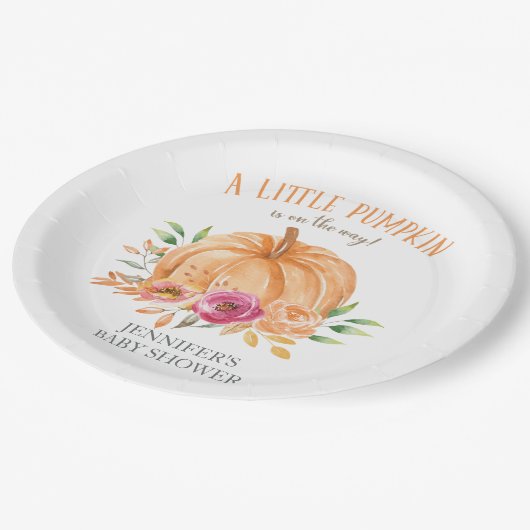 Kleine pompoenWaterverf Floral Baby shower Papieren Bordje (Gekanteld)
