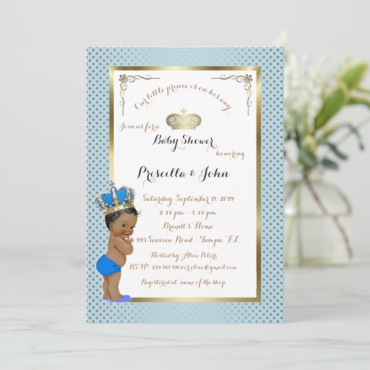 Kleine Prince Baby shower Uitnodiging, goud, blauw Kaart (Staand voorkant)