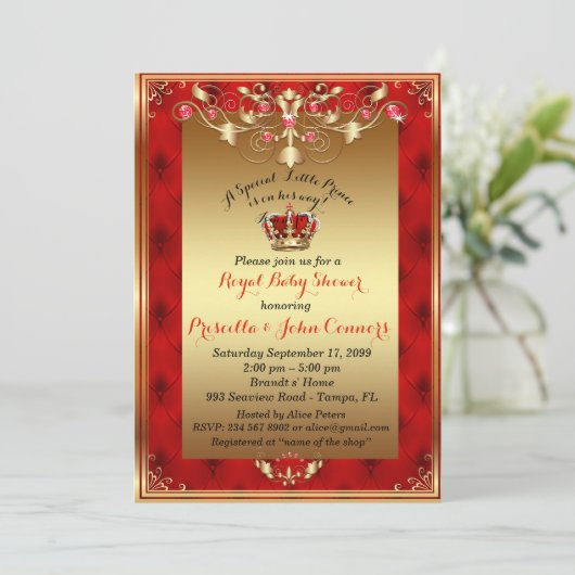 Kleine Prince Baby shower Uitnodiging, goud, rood Kaart (Staand voorkant)