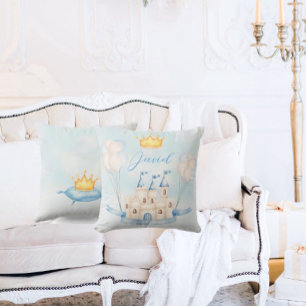 Kleine Prince gouden kroon Waterverf kasteel blauw Kussen