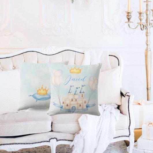 Kleine Prince gouden kroon Waterverf kasteel blauw Kussen