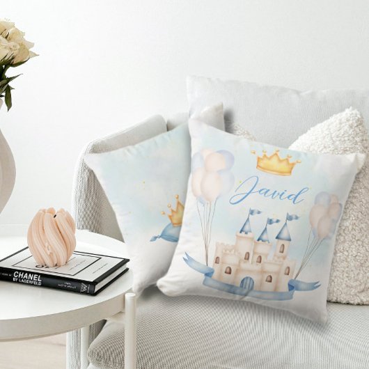 Kleine Prince gouden kroon Waterverf kasteel blauw Kussen