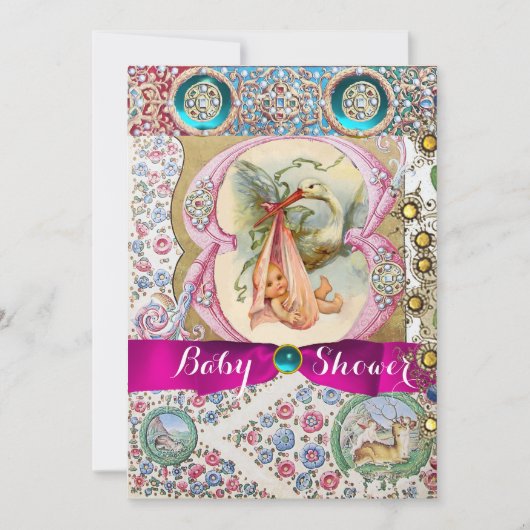 KLEINE PRINCESS STORK BABY SHOWER, FLORAL GEMSTONE KAART (Voorkant)