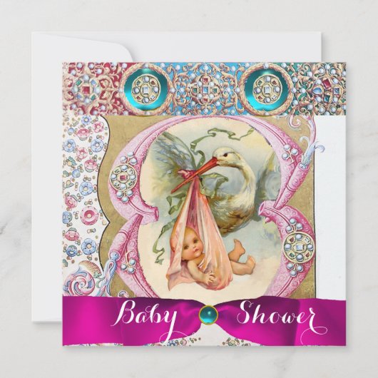 KLEINE PRINCESS STORK BABY SHOWER, FLORAL GEMSTONE KAART (Voorkant)