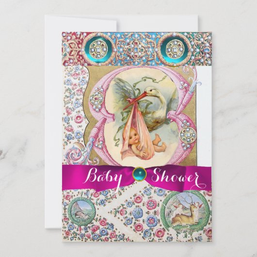 KLEINE PRINCESS STORK BABY SHOWER, FLORAL GEMSTONE KAART (Voorkant)