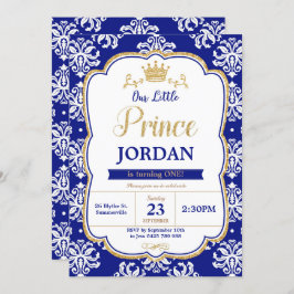 Kleine prins 1e verjaardag Royal Blue Damask Boy Kaart