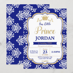 Kleine prins 1e verjaardag Royal Blue Damask Boy Kaart