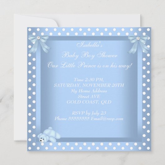Kleine prins Baby shower Jongen Blauwe Wit pokadop Kaart (Achterkant)