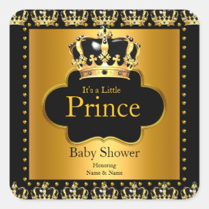 Kleine Prins Baby Shower Jongen Kroon Zwart Goud Vierkante Sticker