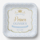 Kleine Prins Blauw Damask Gouden Kroon 1e Verjaard Papieren Bordje (Voorkant)
