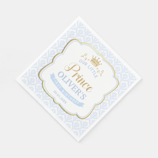 Kleine Prins Blauw Damask Gouden Kroon 1e Verjaard Servet (Hoek)