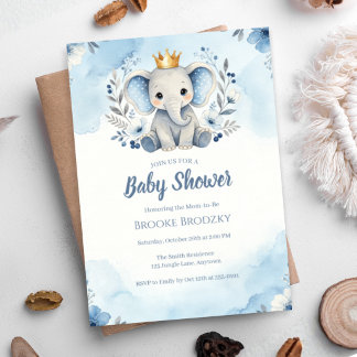 Kleine Prins Blauwe Bloemige Olifant Baby Shower Kaart