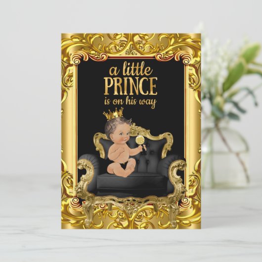 Kleine Prins op de troon Baby shower Brunette Baby Kaart (Staand voorkant)