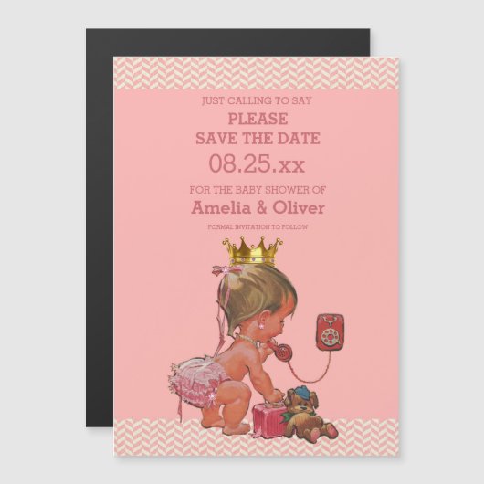 Kleine prinses aan de telefoon Save the Date Chevr Magnetische Uitnodiging (Voorkant / Achterkant)