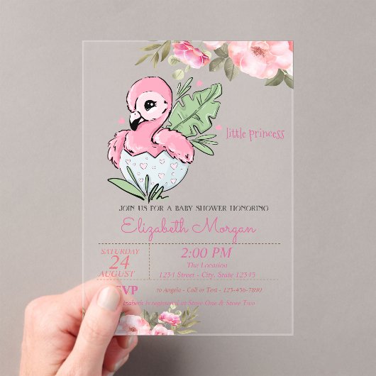 Kleine prinses, Baby Flamingo Floral Baby shower Acryl Uitnodigingen (Insitu (Draagbaar))