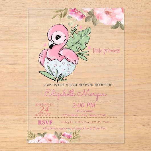 Kleine prinses, Baby Flamingo Floral Baby shower Acryl Uitnodigingen (Voorkant)