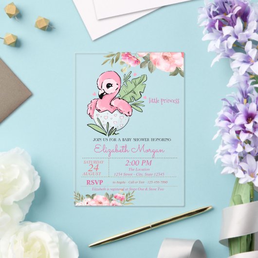 Kleine prinses, Baby Flamingo Floral Baby shower Acryl Uitnodigingen (Insitu (Huwelijk))