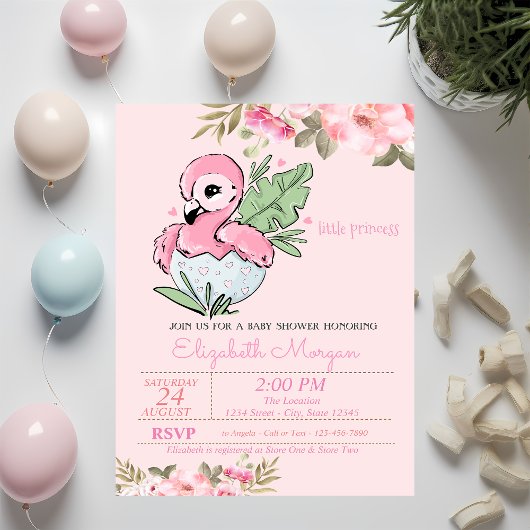 Kleine prinses, Baby Flamingo Floral Baby shower Kaart