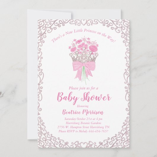 Kleine Prinses Baby Meisje Douche Zilveren Kroon Kaart (Voorkant)