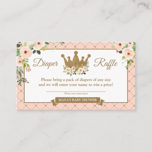 Kleine prinses Blush Floral Diaper Raffle Ticket Informatiekaartje (Voorkant)