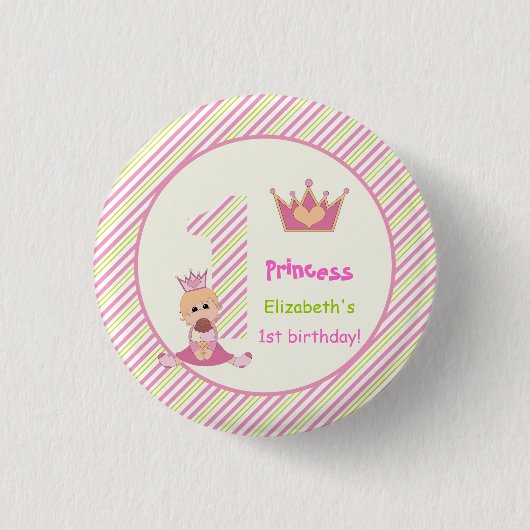 Kleine prinses en kroonmeisjes 1e verjaardag roze ronde button 3,2 cm (Voorkant)