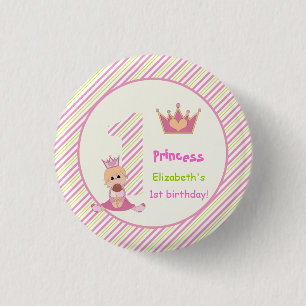 Kleine prinses en kroonmeisjes 1e verjaardag roze ronde button 3,2 cm