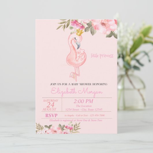 Kleine prinses, Flamingo Crown Floral Baby shower Kaart (Staand voorkant)