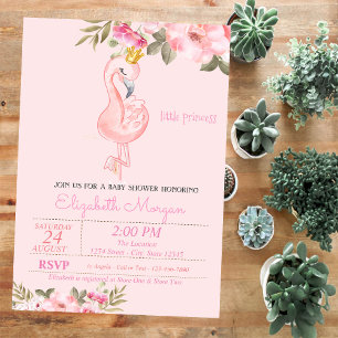 Kleine prinses, Flamingo Crown Floral Baby shower Kaart