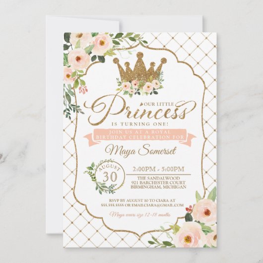 Kleine prinses Floral & Gold Royal Birthday Kaart (Voorkant)