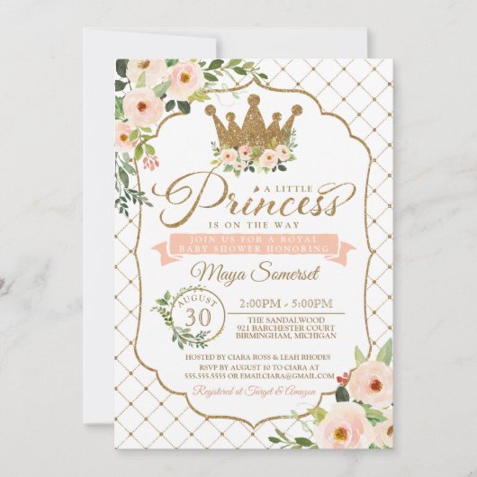 Kleine Prinses Gouden Bloemenkroon Baby Shower Kaart (Voorkant)