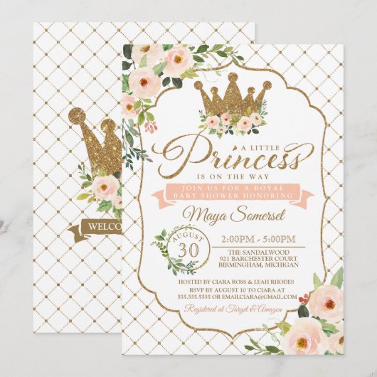 Kleine Prinses Gouden Bloemenkroon Baby Shower Kaart (Voorkant / Achterkant)