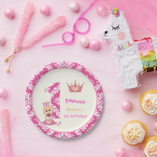 Kleine prinses meisjes 1 jaar heet roze vodderlich papieren bordje (Feest)