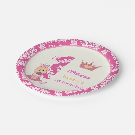 Kleine prinses meisjes 1 jaar heet roze vodderlich papieren bordje (Gekanteld)