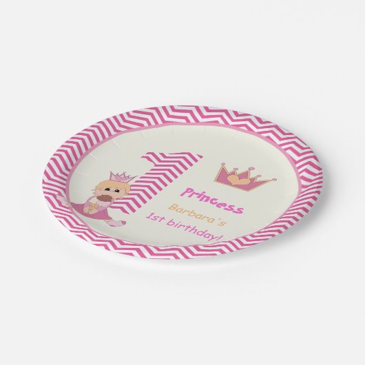 Kleine prinses meisjes 1 verjaardag chevron grens papieren bordje (Gekanteld)