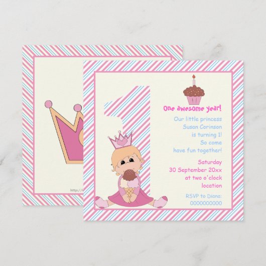 Kleine prinses meisjes 1e verjaardag roze blauw kaart (Voorkant / Achterkant)