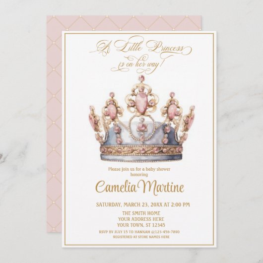 Kleine prinses roze en gouden baby shower kaart (Voorkant / Achterkant)