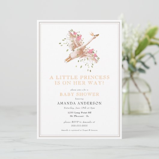 Kleine prinses Swan Floral Girl Pink Baby shower Kaart (Staand voorkant)