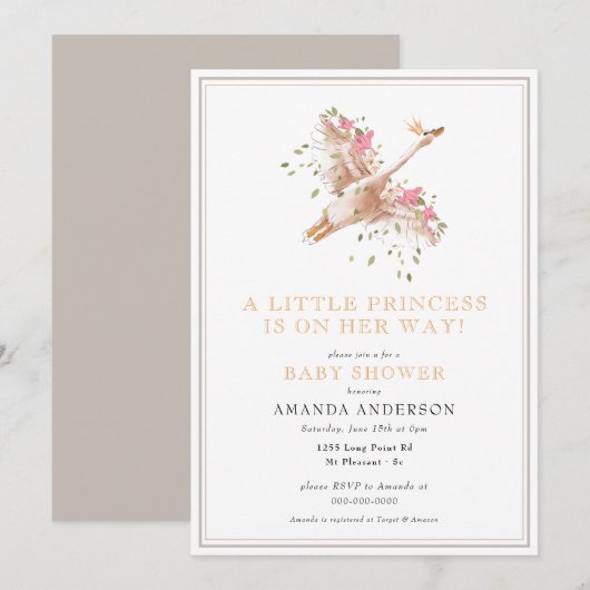 Kleine prinses Swan Floral Girl Pink Baby shower Kaart (Voorkant / Achterkant)