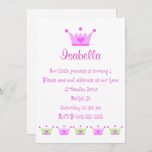 kleine prinses uitnodiging (Voorkant / Achterkant)