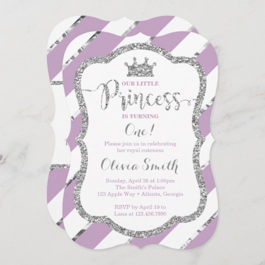 Kleine Prinses Verjaardagsuitnodiging Paarse Zilve Kaart (Voorkant / Achterkant)