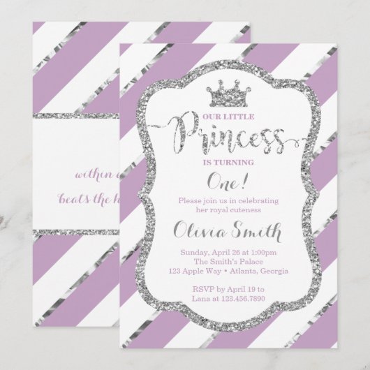 Kleine Prinses Verjaardagsuitnodiging Paarse Zilve Kaart (Voorkant / Achterkant)