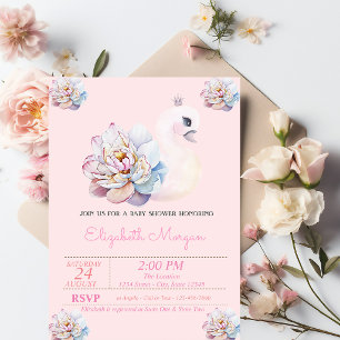 Kleine Prinses, Zwaan, Roze Bloemen Baby Shower Kaart