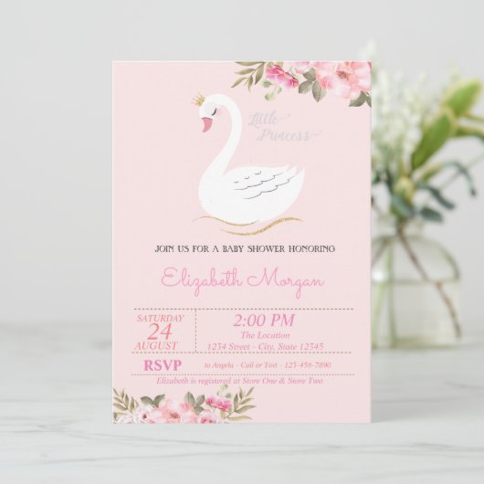 Kleine prinses, Zwan, Floral Baby shower Kaart (Staand voorkant)